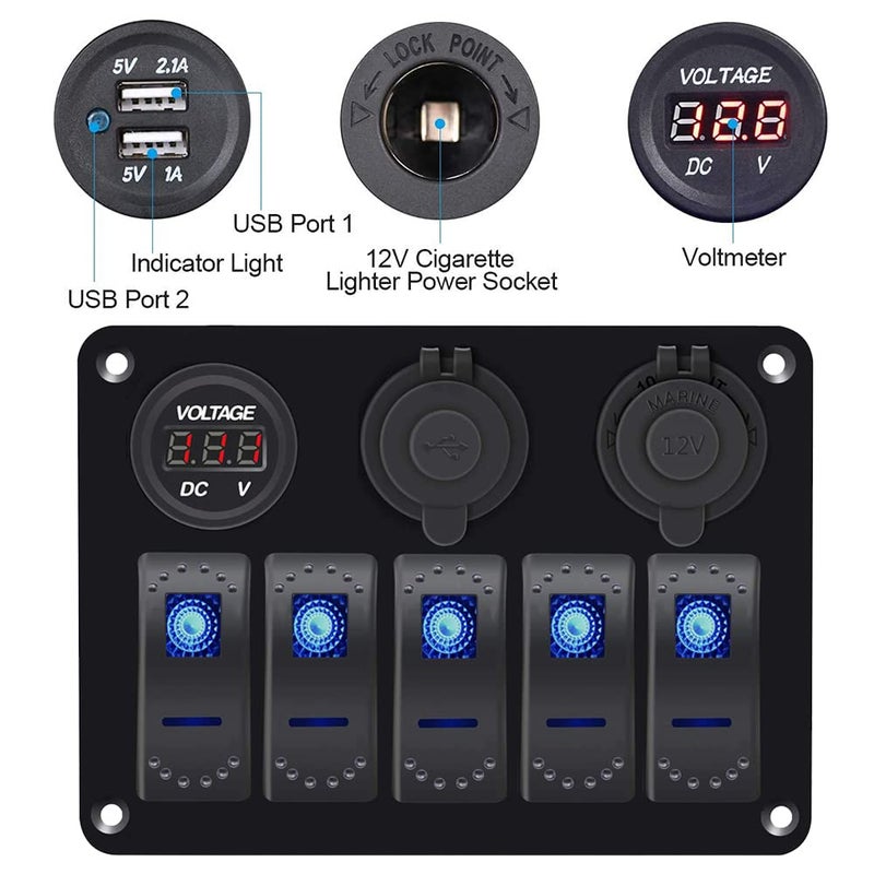 Garfour 5 Gang Marine Switch Panel - Waterproof Boat Switch Panel with 3.1A Dual USB, LED Voltmeter & Cigarette Lighter Socket for Boats, Trucks, RVs, SUVs - Image 3